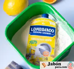 Imagen de detergente casero para lavadora en un envase reciclable, rodeado de ingredientes naturales como limón y bicarbonato de sodio.