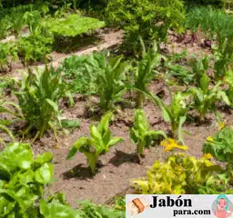 Imagen ilustrativa de un huerto con plantas saludables gracias al uso de jabón de potasa como fertilizante natural.