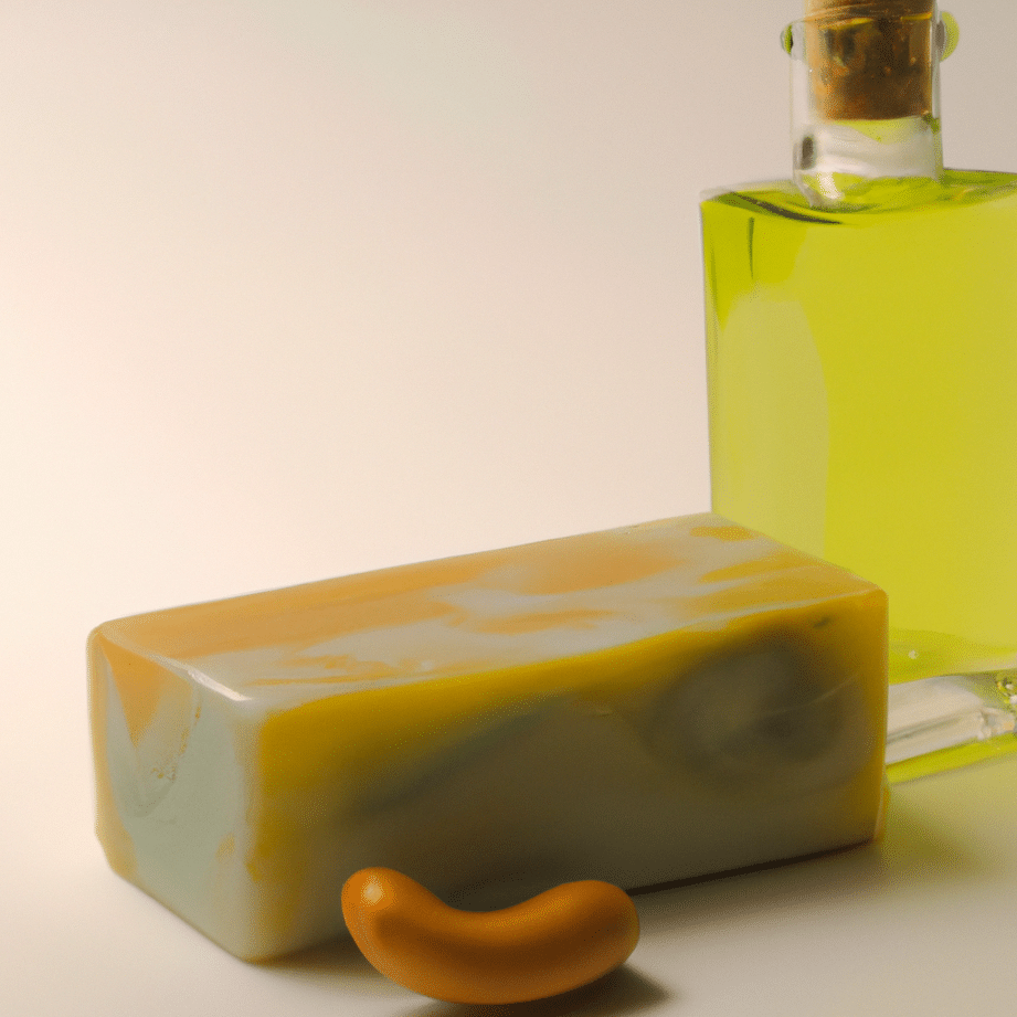 una-botella-de-aceite-de-oliva-y-una-barra-de-jabon-en-tonos-verdes-y-amarillos-sobre-un-fondo-blanco