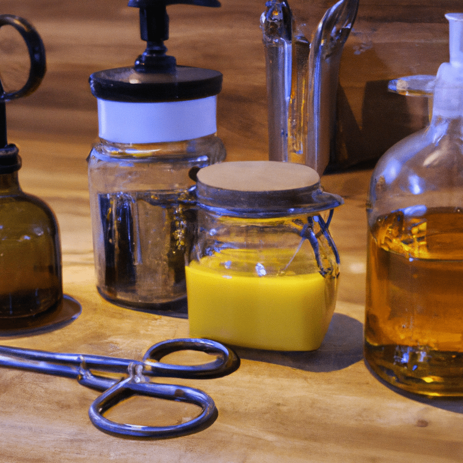 una-foto-de-varios-aceites-esenciales-en-frascos-junto-a-moldes-de-jabon-y-utensilios-de-preparacion